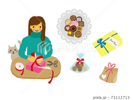 バレンタインのチョコレートや プレゼントをラッピングする女性のイラスト素材