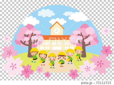 可愛い幼稚園児の子供たちと幼稚園のイラスト 桜咲く春の風景 年少さんキッズ6人組 アイコンのイラスト素材