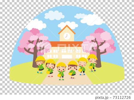 可愛い幼稚園児の子供たちと幼稚園のイラスト 桜咲く春の風景 年少さんキッズ6人組 アイコンのイラスト素材