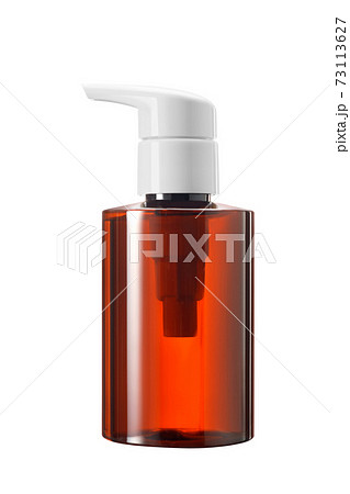 cosmetic bottle of brown glass or Plastic with white pump Dropper isolated on white background 73113627
