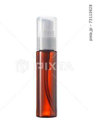 cosmetic bottle of brown glass or Plastic with white pump dropper and clear cap isolated on white background 73113628