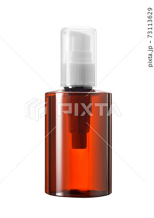cosmetic bottle of brown glass or Plastic with white pump dropper and  clear cap isolated on white background 73113629
