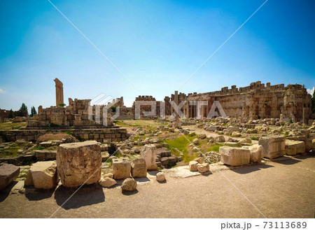 Ruins of Jupiter temple and great court of Heliopolis at Baalbek, Bekaa valley Lebanon 73113689