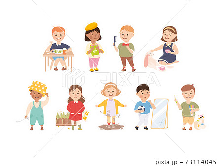 Little Boy and Girl Eating Breakfast, Grooming, Jumping in Mud and Picking Flowers Vector Set Little Boy and Girl Eating Breakfast, Grooming, Jumping in Mud and Picking Flowers Vector Set 73114045