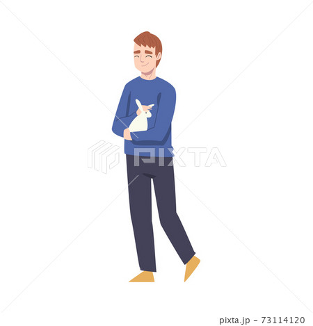 Teenage Boy Holding White Bunny, Happy Easter Concept Cartoon Style Vector Illustration 73114120