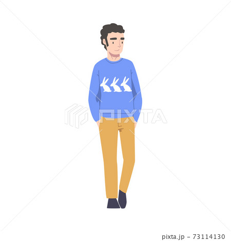 Young Man Wearing Knitted Jumper Decorated with White Rabbits, Happy Easter Concept Cartoon Style Vector Illustration 73114130