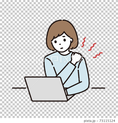 A woman suffering from stiff shoulders in front of a computer A woman suffering from stiff shoulders in front of a computer 73115124