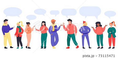 Diverse young people talking with chat bubble 73115471