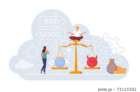 Woman Choosing Good And Bad Work On Balance Scaleのイラスト素材