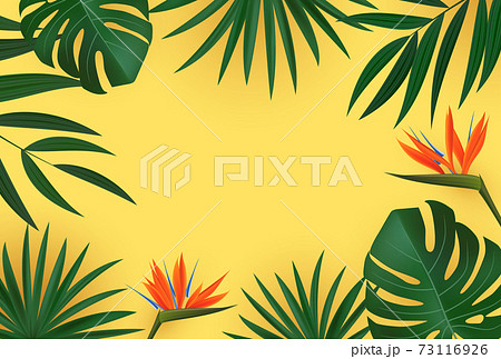 Natural Realistic Green Palm Leaf with Strelitzia Flower Tropical Background. Vector illustration EPS10 73116926