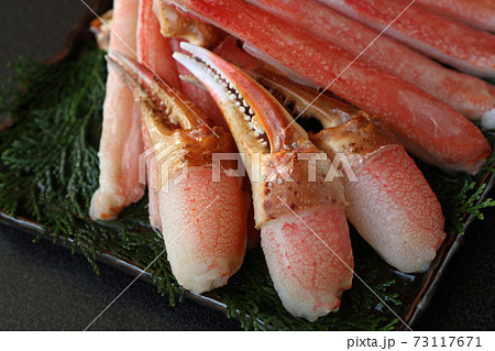 四角い皿に盛ったずわいがにの爪肉3本　横位置 73117671