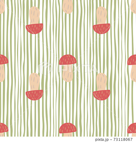 Decorative seamless pattern with red fungus mushroom silhouettes. Green and white striped background. Decorative seamless pattern with red fungus mushroom silhouettes. Green and white striped background. 73118067