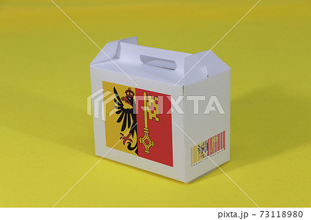 Geneva flag on white box with barcode and the color of canton flag on yellow background. 73118980