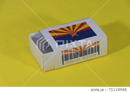 Arizona flag on white box with barcode and the color of state flag on yellow background 73118988