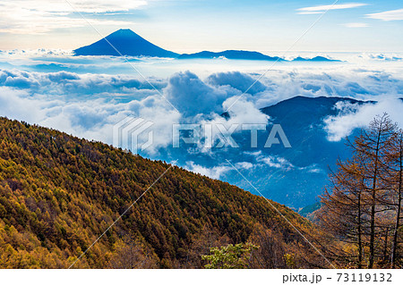 （山梨県）櫛形山の紅葉　大雲海に浮かぶ富士山 73119132