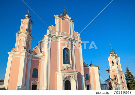 Beautiful bright old church on a background of blue sky. 73119343
