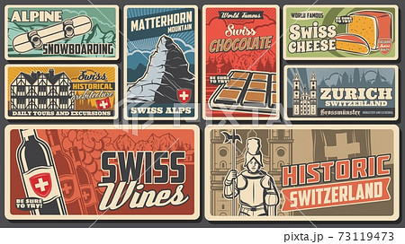 Swiss famous objects and landmarks vector banners 73119473