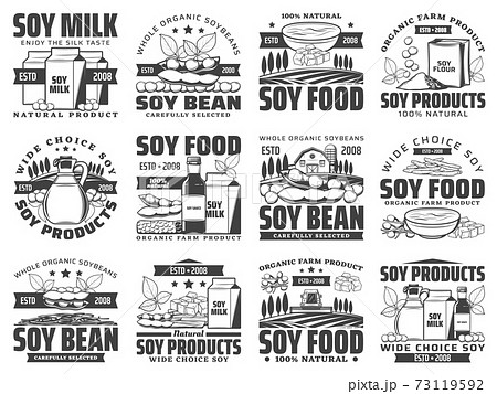 Natural soybean food products engraved icons set Natural soybean food products engraved icons set 73119592