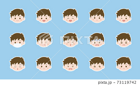 男の子 顔 表情 バリエーション セット 白縁のイラスト素材