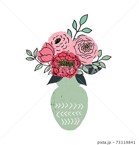 花瓶に入った花とグリーン02 手描きカラフルのイラスト素材