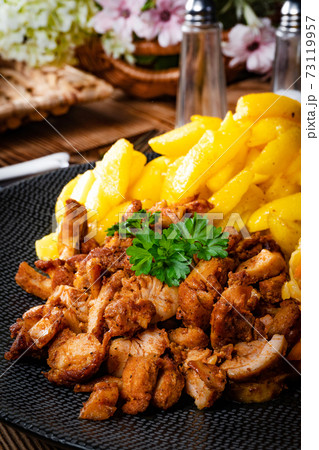 Greek gyros dish with potato and vegetables. Greek gyros dish with potato and vegetables. 73119957