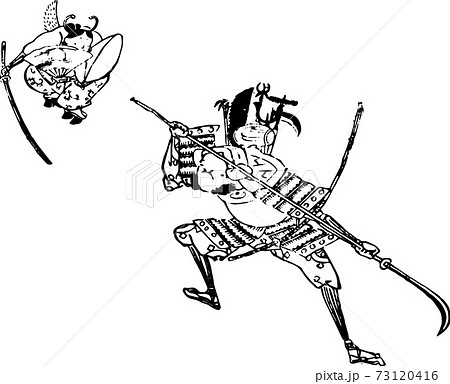 昔古布】※大正期 無傷の 木綿 時代手描幟 (長600) ○牛若丸と