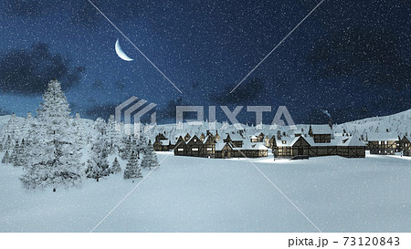 Snowbound township and fir trees at snowfall night 73120843