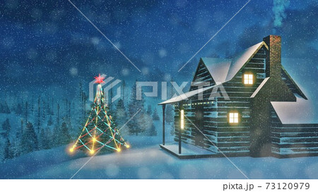 Decorated Christmas tree and cozy house at night 73120979