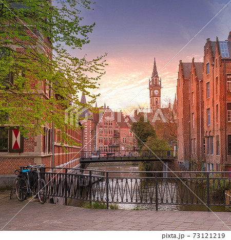 Ghent canal, clock tower, Belgium 73121219