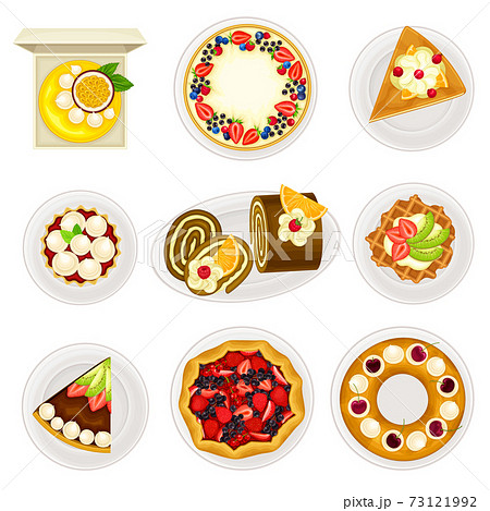 Sugary Desserts with Cheesecake and Rolled Cake Served on Plate Vector Set 73121992