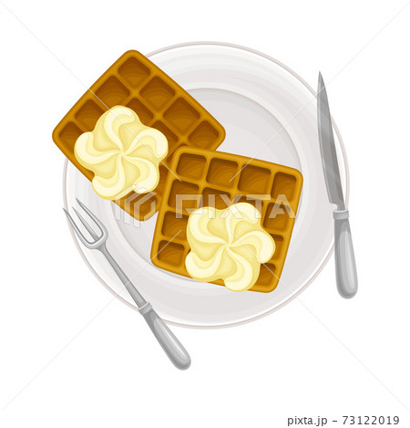 Gaufre or Waffle Served with Cream on Plate as Sugary Dessert Vector Illustration 73122019