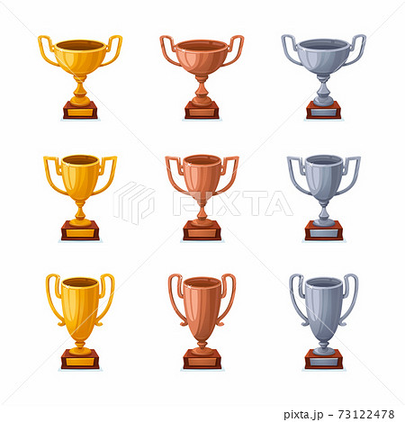 Gold, silver and Bronze trophy cups. Trophy award cups set with different shapes - 1st, 2nd and 3rd place winner trophies. Flat style vector illustration. Gold, silver and Bronze trophy cups. Trophy award cups set with different shapes - 1st, 2nd and 3rd place winner trophies. Flat style vector illustration. 73122478