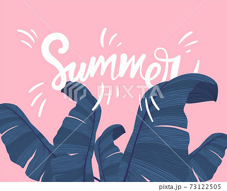 Summer tropical banner with exotic palm leaves on pink background. Monstera, palm, banana leaves. Exotic textile botanical design. Summer jungle design. Hawaiian style. 73122505
