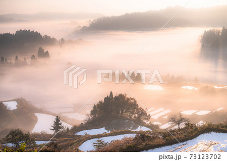 新潟県 星峠の棚田 大雲海の夜明けの写真素材