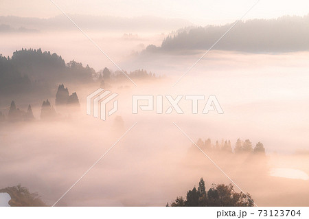 新潟県 星峠の棚田 大雲海の夜明けの写真素材