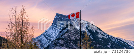 Close up of National Flag of Canada. Mount Rundle and dried trees in the background. Banff National Park, Canadian Rockies, Canada. 73124786