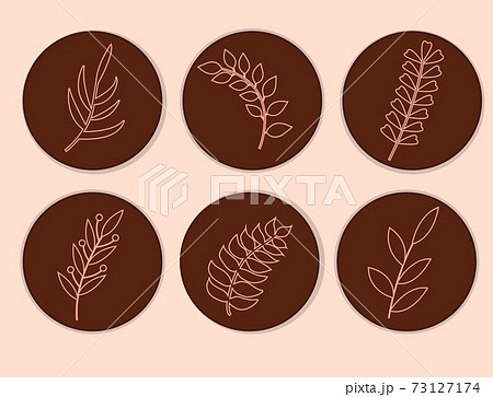 Abstract modern plants line, round shapes for buttons or logo. Scandinavian minimalism style. Floral Decoration Branch Leaf. Vector illustration 73127174