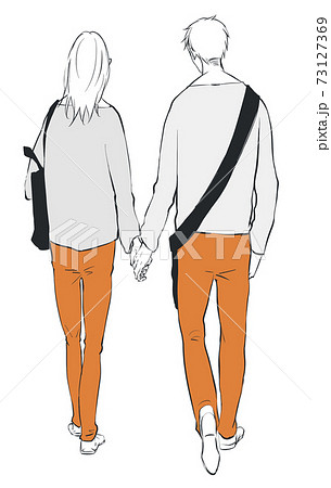 手を繋いで歩くカップルの後ろ姿のイラスト素材