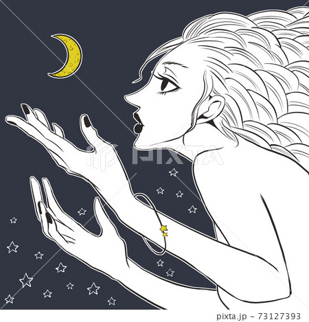 月を見る女性のイラスト素材