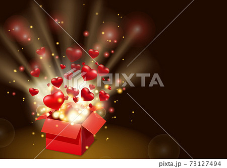 Open red gift box present with flying hearts and bright rays of light, burst explosion. Happy Valentines day gift box. Vector illustration poster, banner, card, isolated 73127494