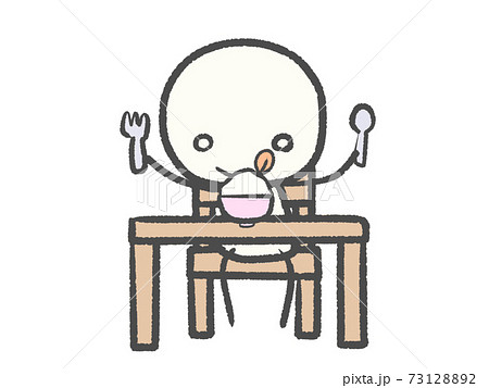 机でご飯を食べるシンプルで可愛い棒人間のイラスト素材 7312