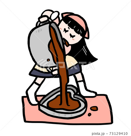 バレンタインデー 本命チョコ手作り 鍋の大量のチョコレートをハートの型に注ぐ女の子valentineのイラスト素材