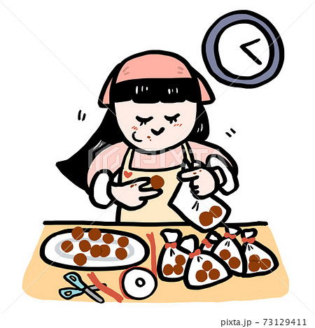 バレンタイン トリュフチョコレートをラッピングしながらつまみ食いする女の子 たくさんの義理チョコのイラスト素材