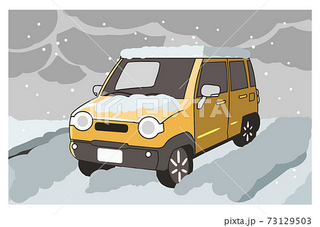 道路 雪道 曇り 軽自動車のイラスト素材