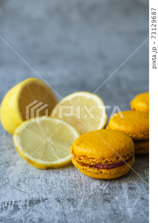 yellow lemon macaroni cookies on a gray background yellow lemon macaroni cookies on a gray background 73129687