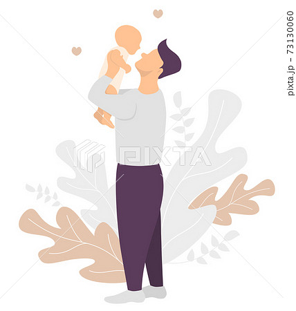 Happy father. Man holds a newborn baby in his arms. Happy family stands against the background of tropical leaves. Vector illustration. Flat design for decoration, print and cards 73130060