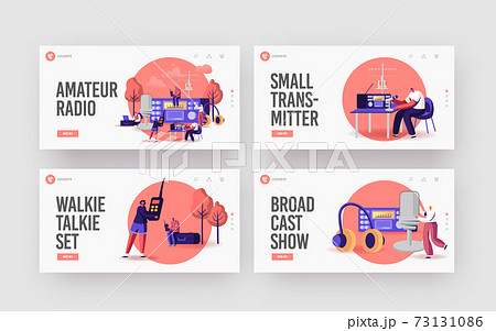 Tiny Characters Radio Amateurs at Huge Receiver Landing Page Template Set. Men and Women Using Walkie Talkie, Program 73131086