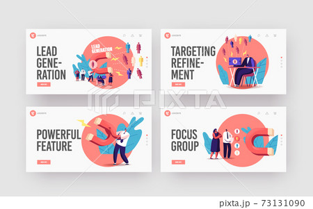 Lead Generation Landing Page Template Set. Tiny Businessman Character Attracting Clients with Huge Magnet, Marketing Lead Generation Landing Page Template Set. Tiny Businessman Character Attracting Clients with Huge Magnet, Marketing 73131090