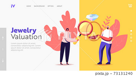 Pawn Shop Landing Page Template. Female Owner Looking on Gold Ring with Precious Gem for Buying. Jewelry Workshop 73131240