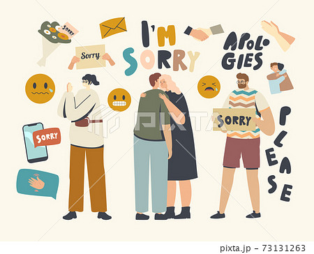 Male Female Characters Apologize. People Say Sorry, Hugging Each Other and Ask to Forgive for Mistake or Offensive Words 73131263